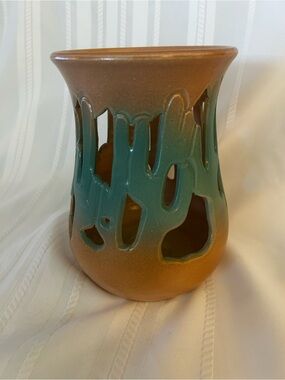 Vintage Studio Art Ceramic Pottery Luminary Candle Holder Teal Cactis Tan Desert